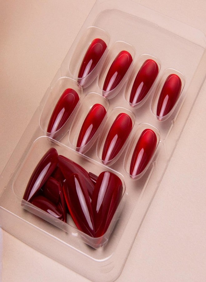 TOGZOM Red Almond Press on Cat Eye Acrylic Nails Medium Solid Red Color Fake Reusable Glossy Artificial Ombre Glue on for Women Girls Daily Wear Manicure 24Pcs - Image 5